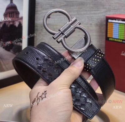 Ferragamo AAA+ Belts - Black Leather Belt&Black Buckle Retro Style